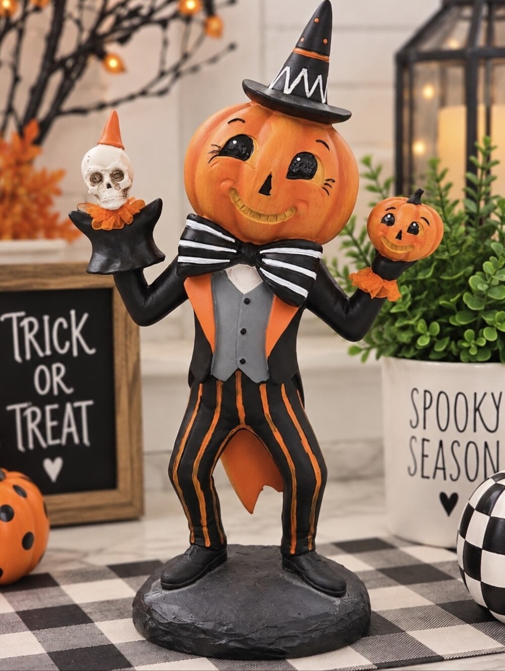 Whimsical Pumpkin Skeleton Puppet Halloween Statue Figurine